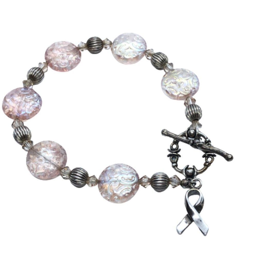 SJC 925 Sterling Silver & Pale Pink Glass Bead Vintage Bracelet